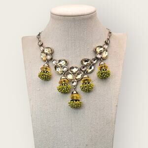 Chartreuse Green and Amber Drop Statement Necklace – Faceted Crystal Clusters